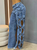 Women's High-Waist Cutout Criss Cross Wide Leg Denim Pants