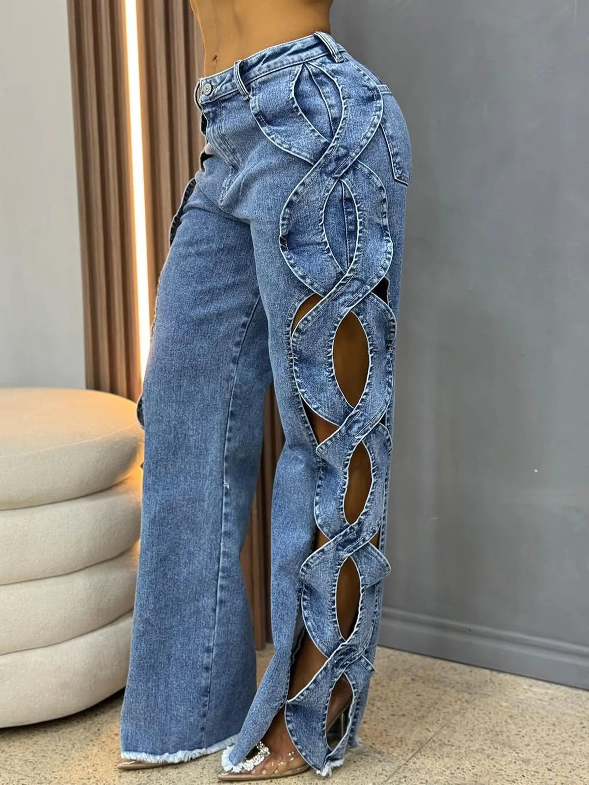 Women's High-Waist Cutout Criss Cross Wide Leg Denim Pants