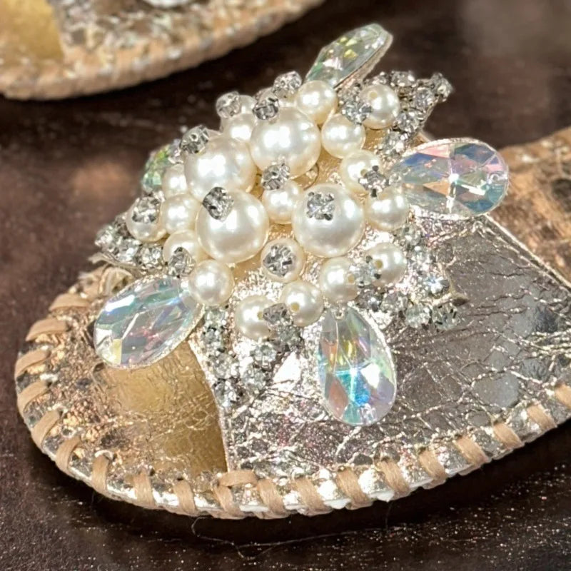Women's Pearl Crystal Flower Flat Sandals Casual Open Toe