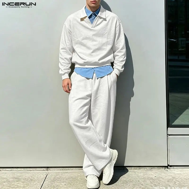 Men's Lapel Long Sleeve Sweatshirt Pants Two-Piece Set