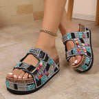 Women's Rhinestone Beaded Platform Wedge Sandals Buckle Strap Slides