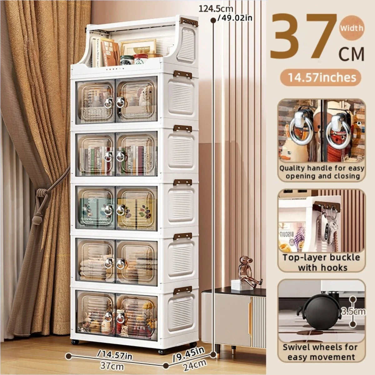 14.6in Foldable PP Plastic Storage Cabinet and Rolling Organizer