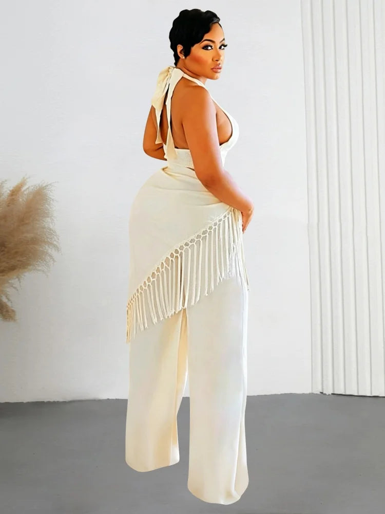 Women's Neck Wrap Fringe Top Straight Leg Pants Set