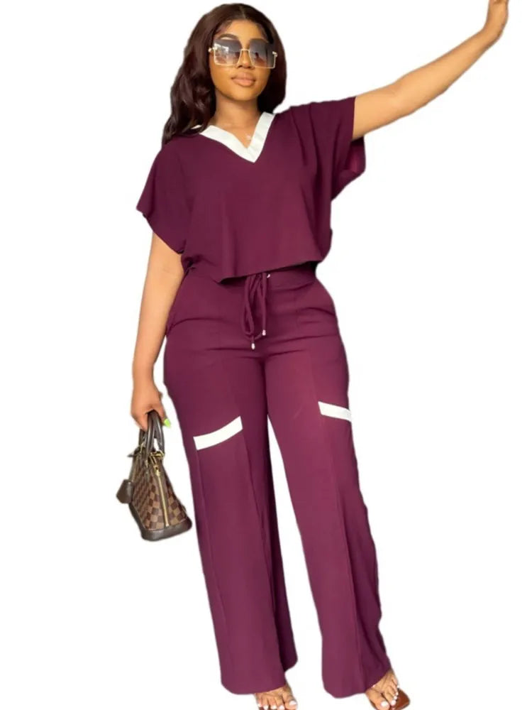 Women's Casual Short Sleeve Top and Straight Pants Set