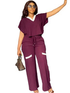 Women's Casual Short Sleeve Top and Straight Pants Set