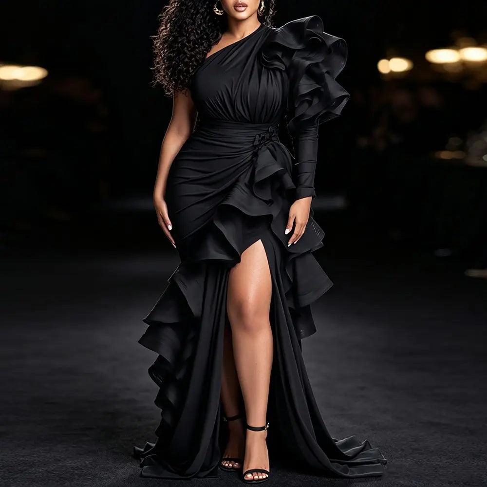 Women's One Shoulder Tiered Ruffle Long Sleeve Maxi Dress