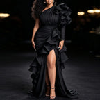 Women's One Shoulder Tiered Ruffle Long Sleeve Maxi Dress