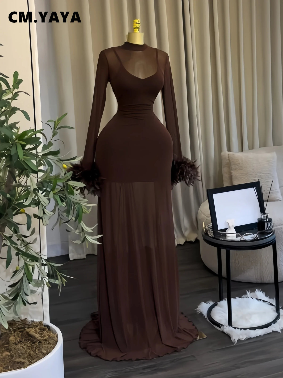 Women's Feather Ruched Long Sleeve Mermaid Maxi Dress