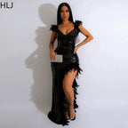 Women's Sequined Feather High Slit Backless Maxi Dress