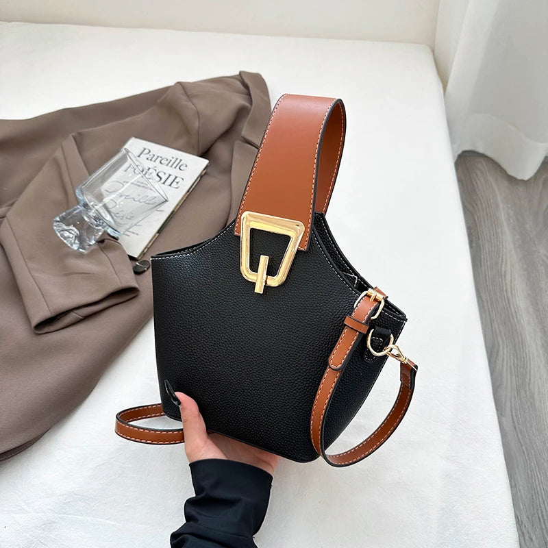 Women's Solid Bucket Shoulder Handbag Versatile Crossbody 9-inch