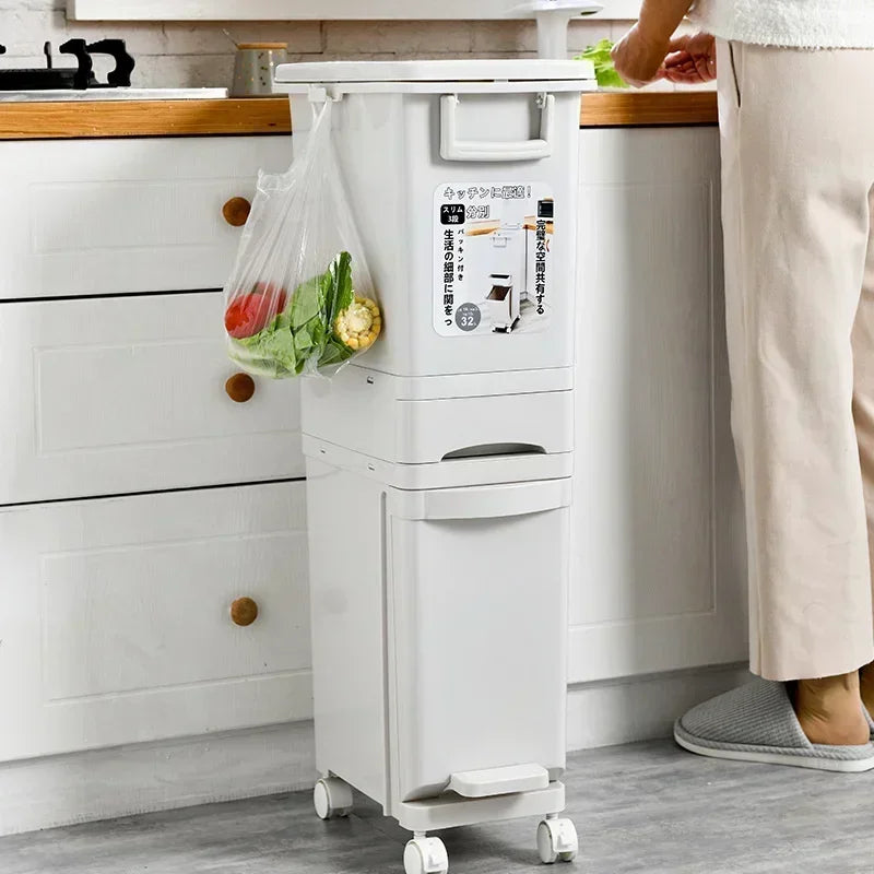 Double Partition Dry and Wet Separation Trash Can with Wheels