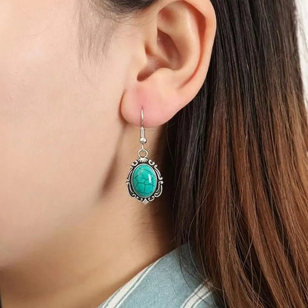 Women's Fashion Vintage Turquoise Bracelet Necklace Earrings Jewelry Set