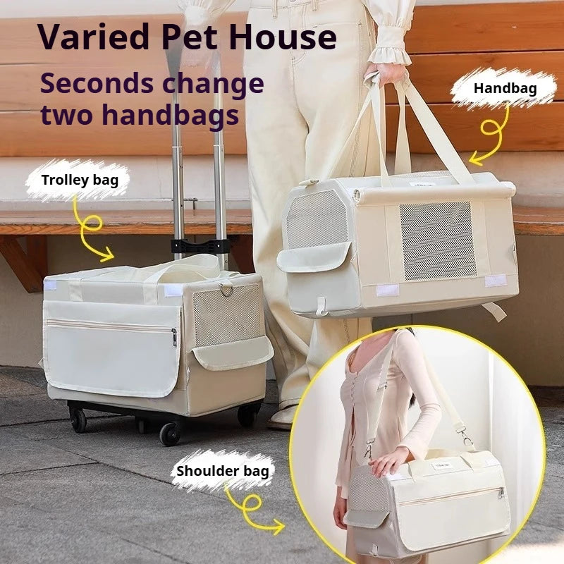 Foldable Double-Layer Pet Carrier with Wheels Breathable Travel Trolley for Two Cats
