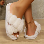 Women's Cross Strap Fluffy Slippers Open-Toed Plush Fur Home Slides