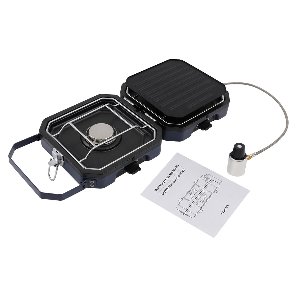 Folding 2-Burner Camping Gas Stove with Non-Stick Grill Pan