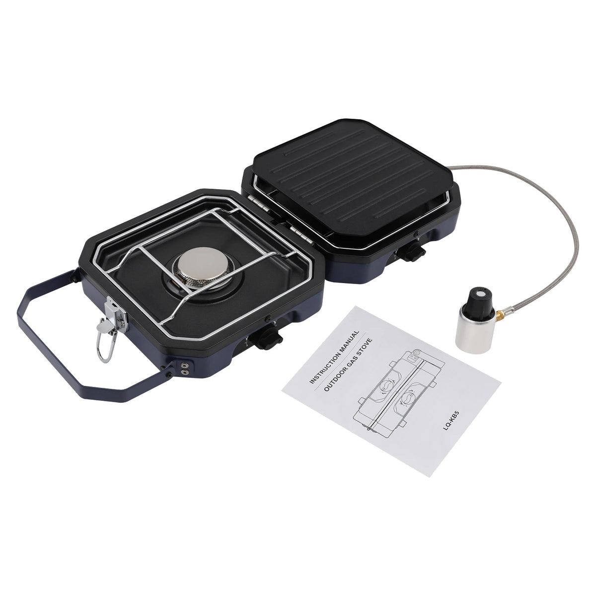 Folding 2-Burner Camping Gas Stove with Non-Stick Grill Pan