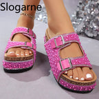 Women's Pearl Rhinestone Wedge Platform Sandals and Slides
