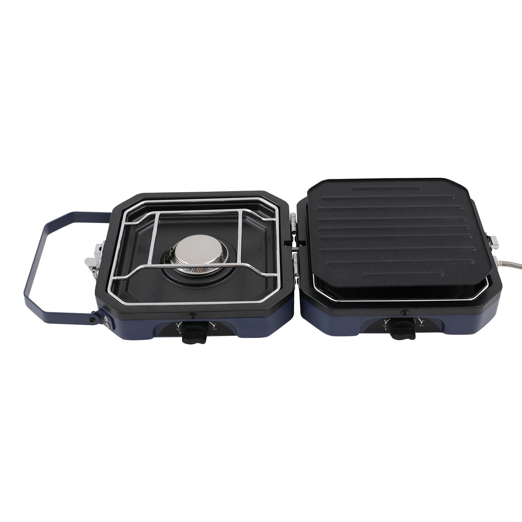 Folding 2-Burner Camping Gas Stove with Non-Stick Grill Pan