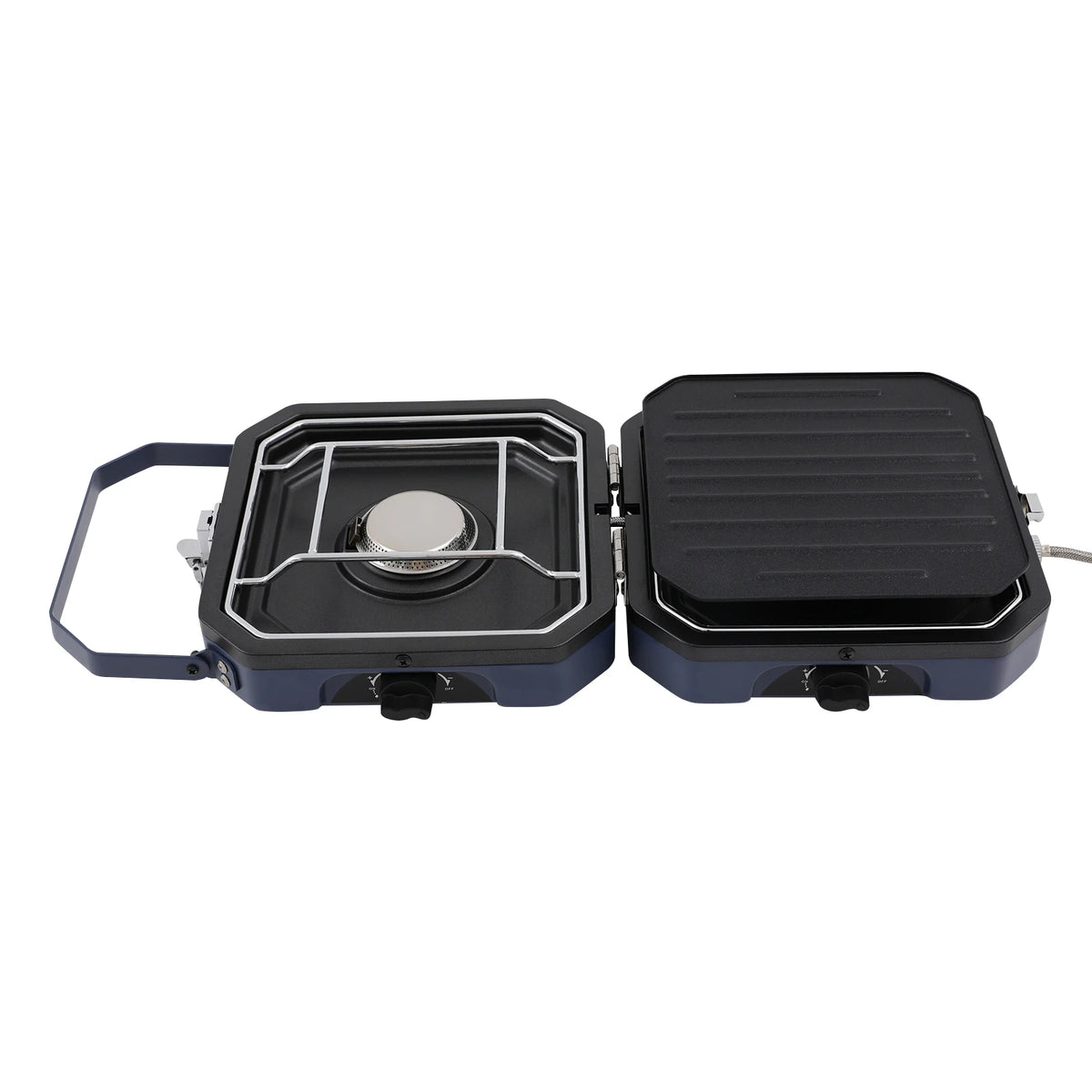 Folding 2-Burner Camping Gas Stove with Non-Stick Grill Pan