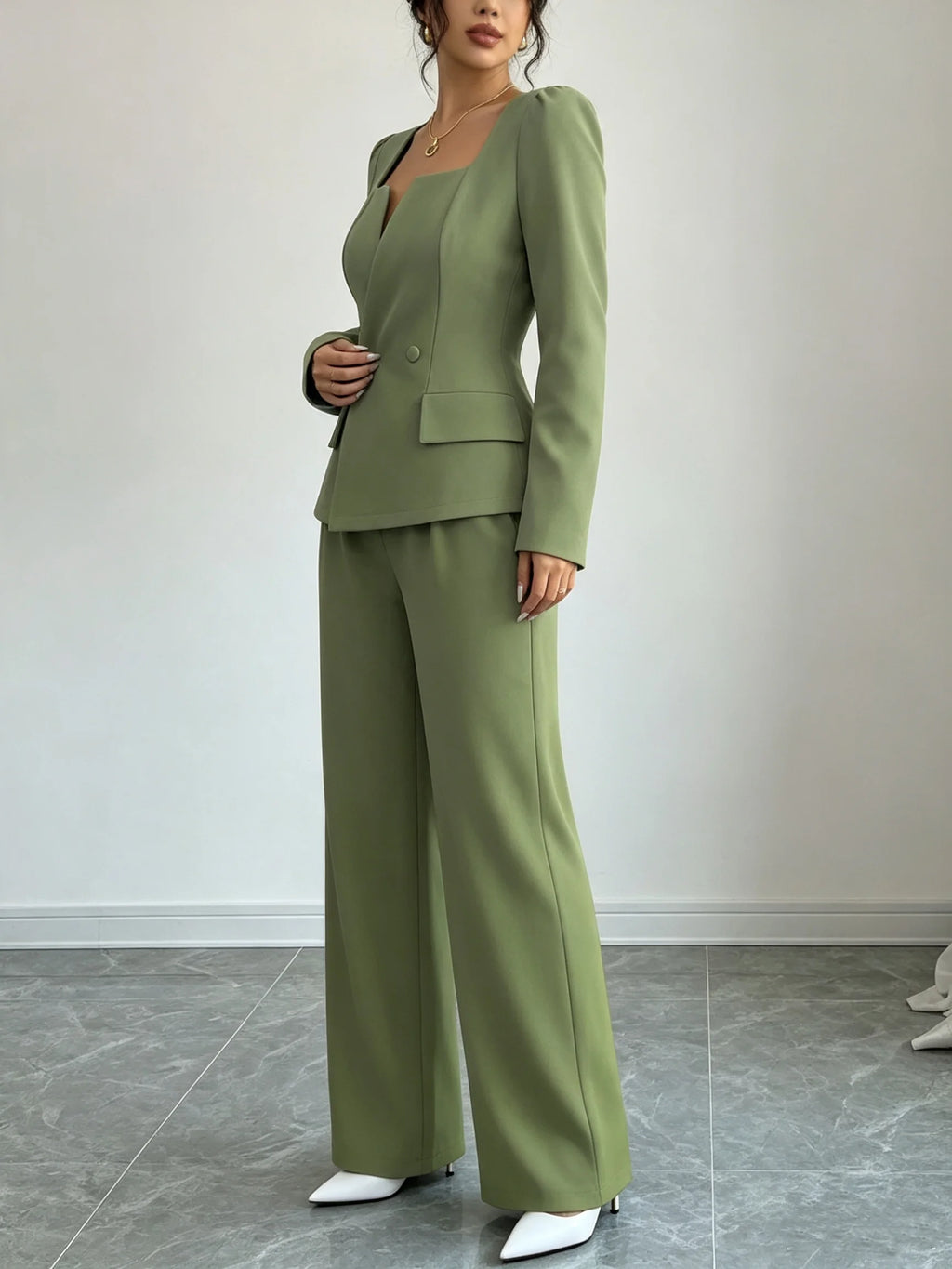 Women's Square Neck Blazer Wide Leg Pants Suit