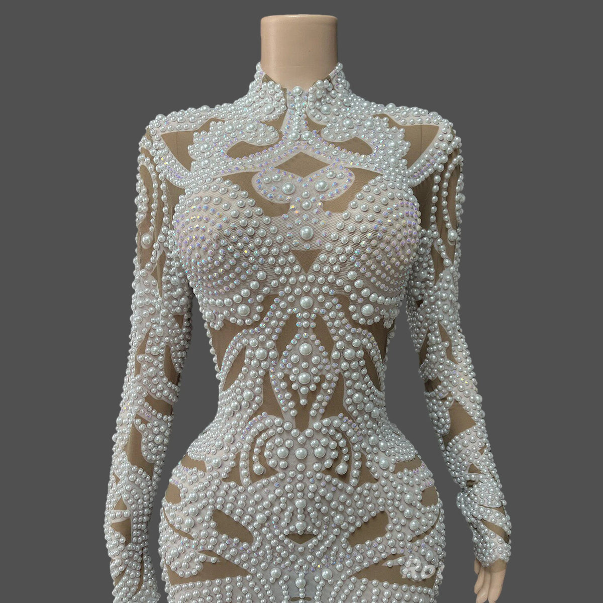 Women's Sexy Pearls Mesh Long Sleeve Bodycon Mini Dress