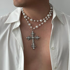 Women's Fashion Elegant Imitation Pearl Cross Pendant Necklace