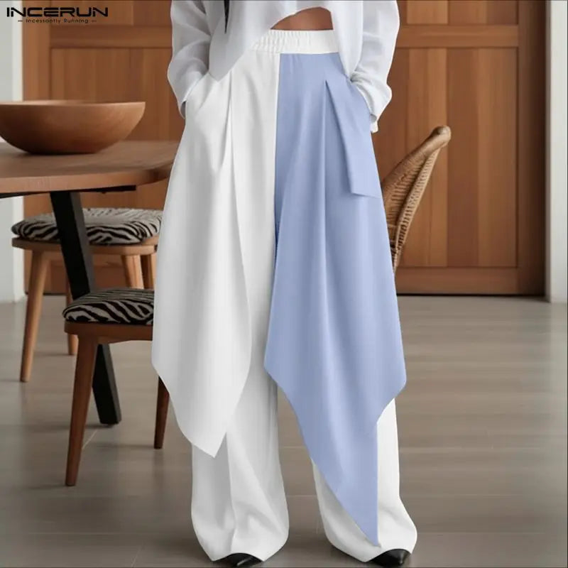 Men's Patchwork Jogger Pants Elastic Waist Wide Leg Trousers