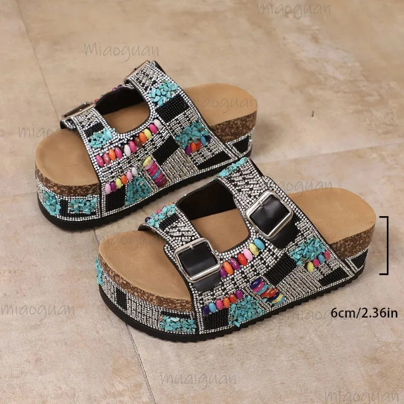 Women's Rhinestone Beaded Platform Wedge Sandals Buckle Strap Slides