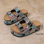Women's Rhinestone Beaded Platform Wedge Sandals Buckle Strap Slides