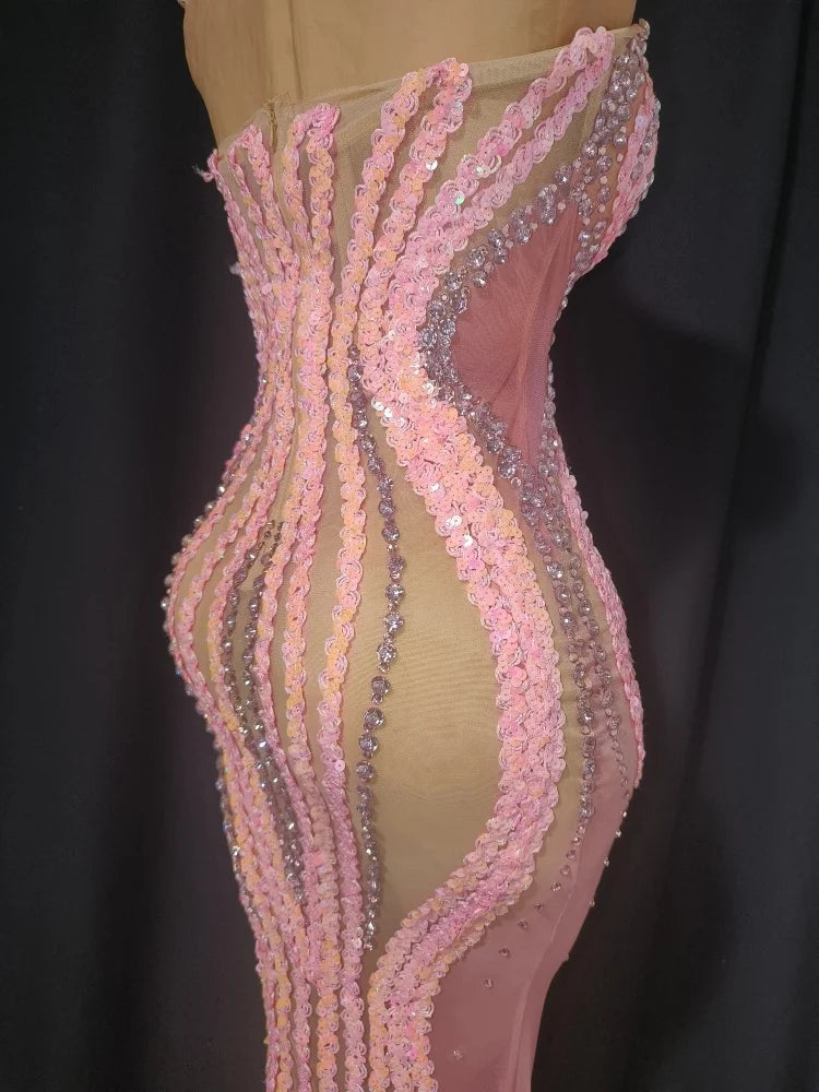 Women's Sexy Mesh Sequins Crystal Stage Performance Maxi Dress