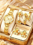 Ladies Quartz Watch and Jewelry Set Flower Design Gold