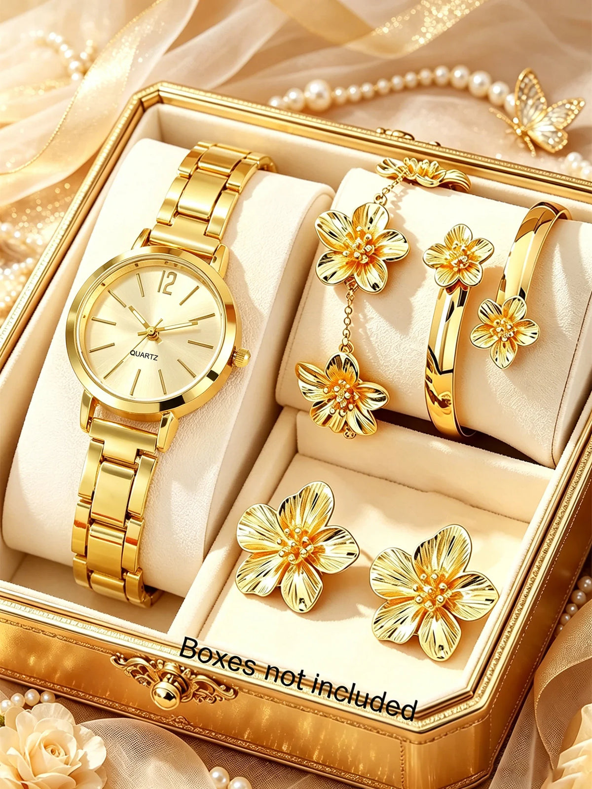 Ladies Quartz Watch and Jewelry Set Flower Design Gold