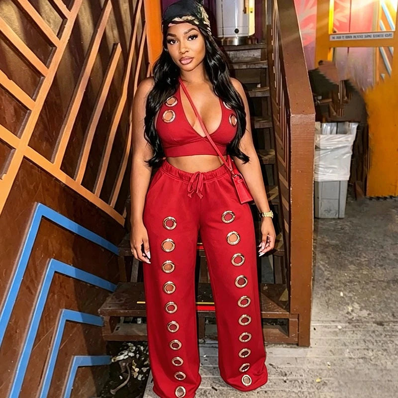 Women's Sexy Hollow Out Halter Crop Top and Wide Leg Pant Two Piece Set