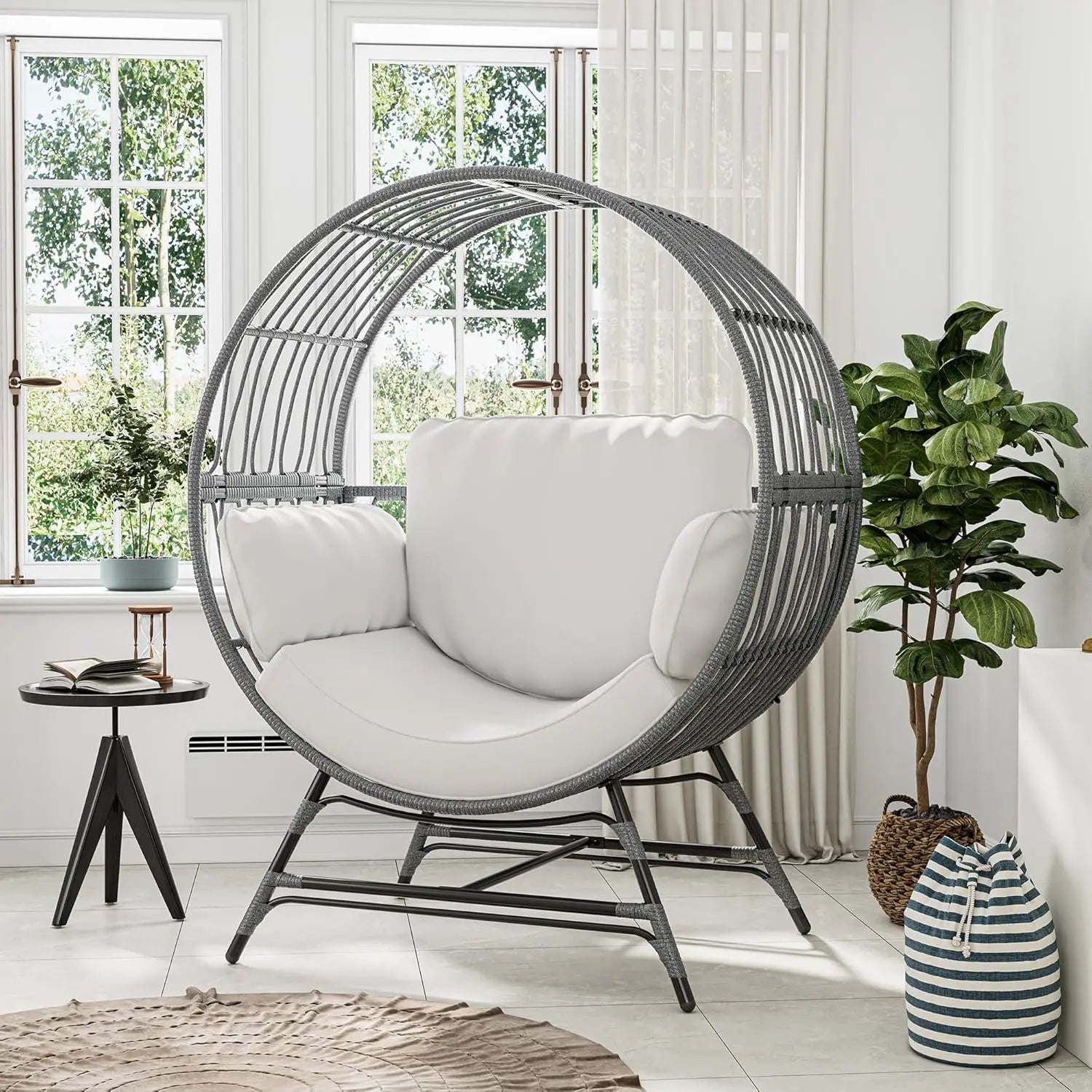 Oversized Rattan Egg Basket Chair with Thickened Cushions