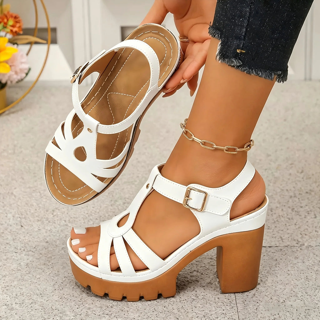 Women's T-Strap Platform Block Heel Sandals Cutout Ankle Strap