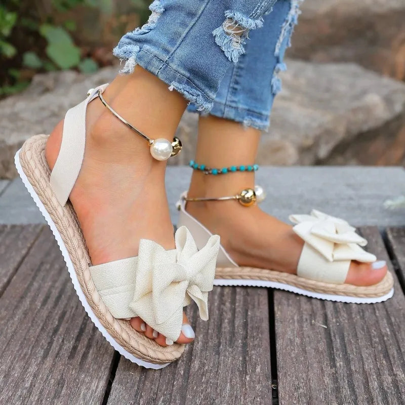 Women's Pearl Bow Flat Sandals Casual Summer Slip-On