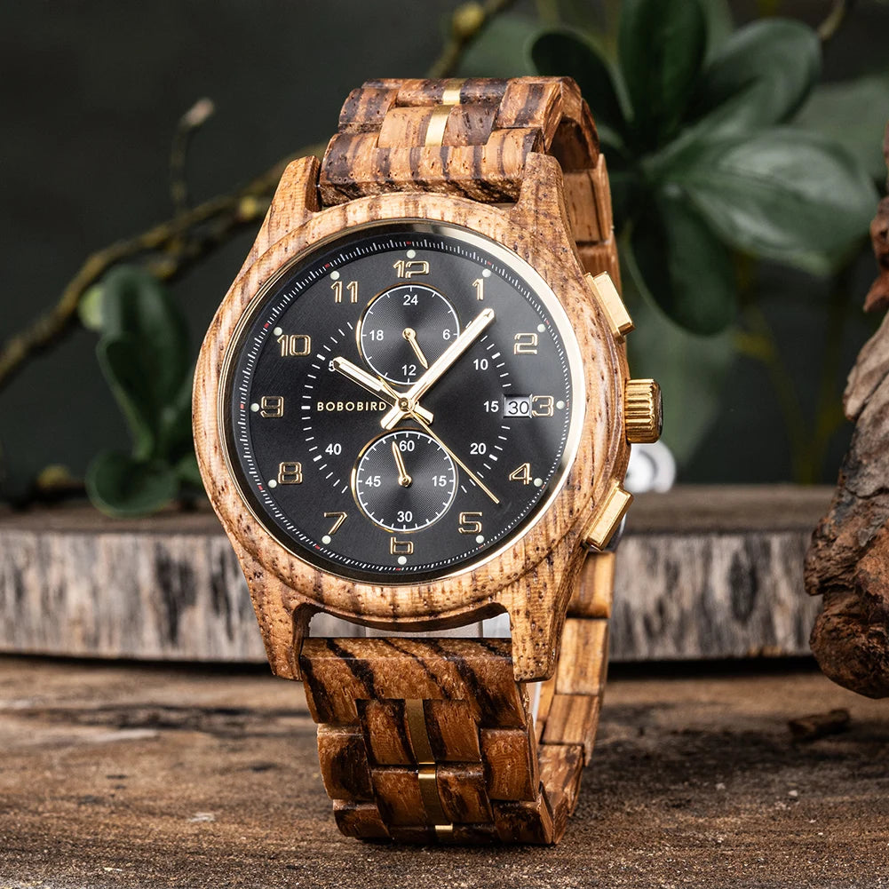 Men's Wooden Chronograph Watch with Luminous Hands and Gift Box