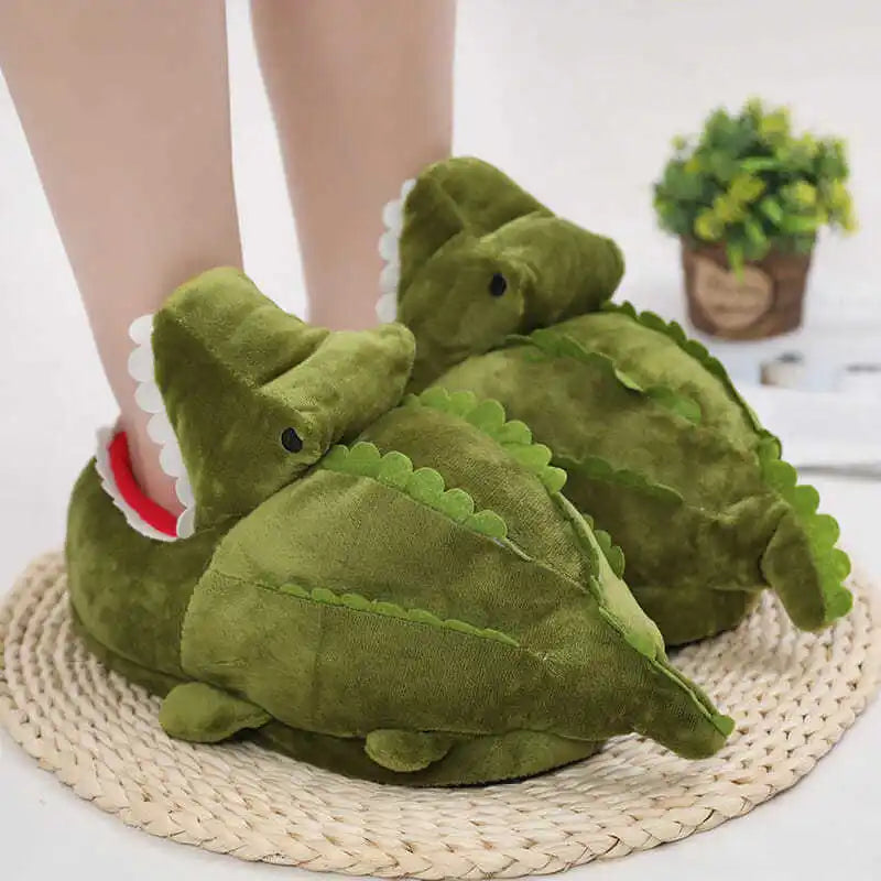 Women's Chunky Fuzzy Crocodile Home Cotton Shoes Slip-On Cartoon Plush Slippers