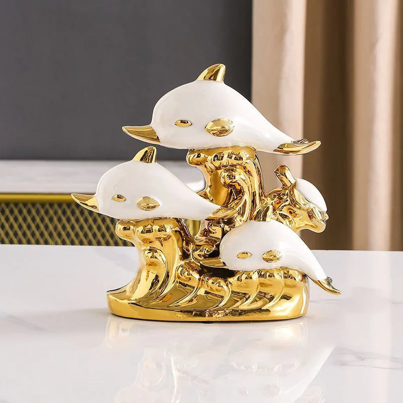 Gold Dolphin Ceramic Ornament and Table Desktop Figurine