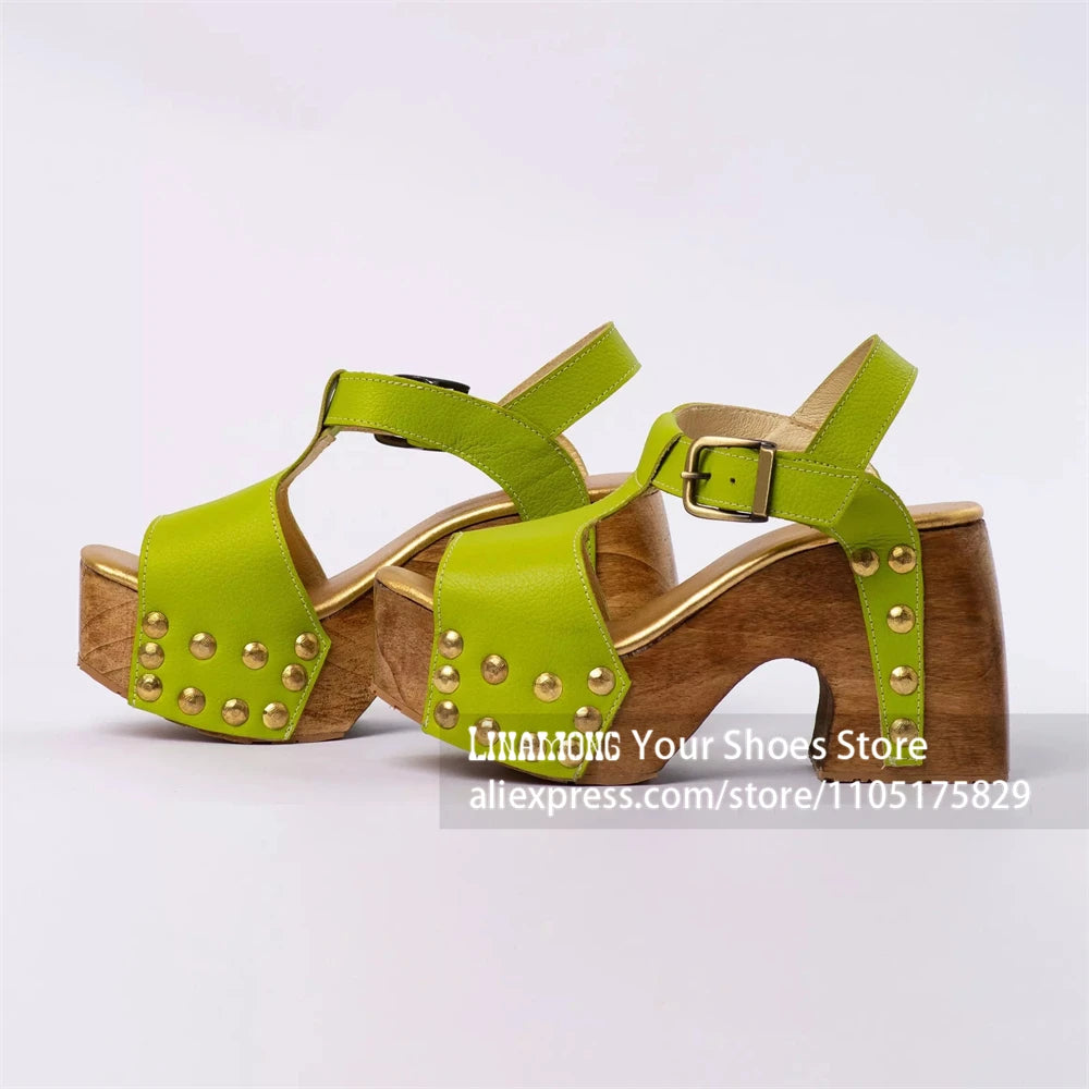 Women's Studded Wooden Block Heel Platform Sandals
