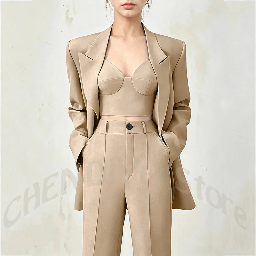 Women's Single Button Tailored Blazer and Pants Suit Set