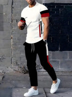 Men's Summer Striped Letter Print Breathable Round Neck T-Shirt and Shorts Set