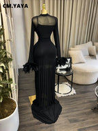 Women's Feather Ruched Long Sleeve Mermaid Maxi Dress