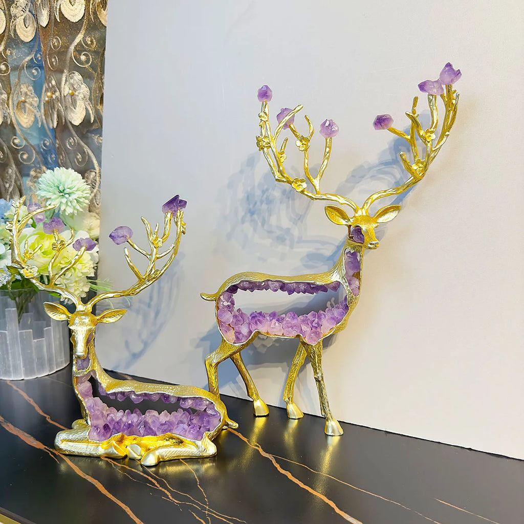 Golden Deer Crystal Figurine and Amethyst Statue