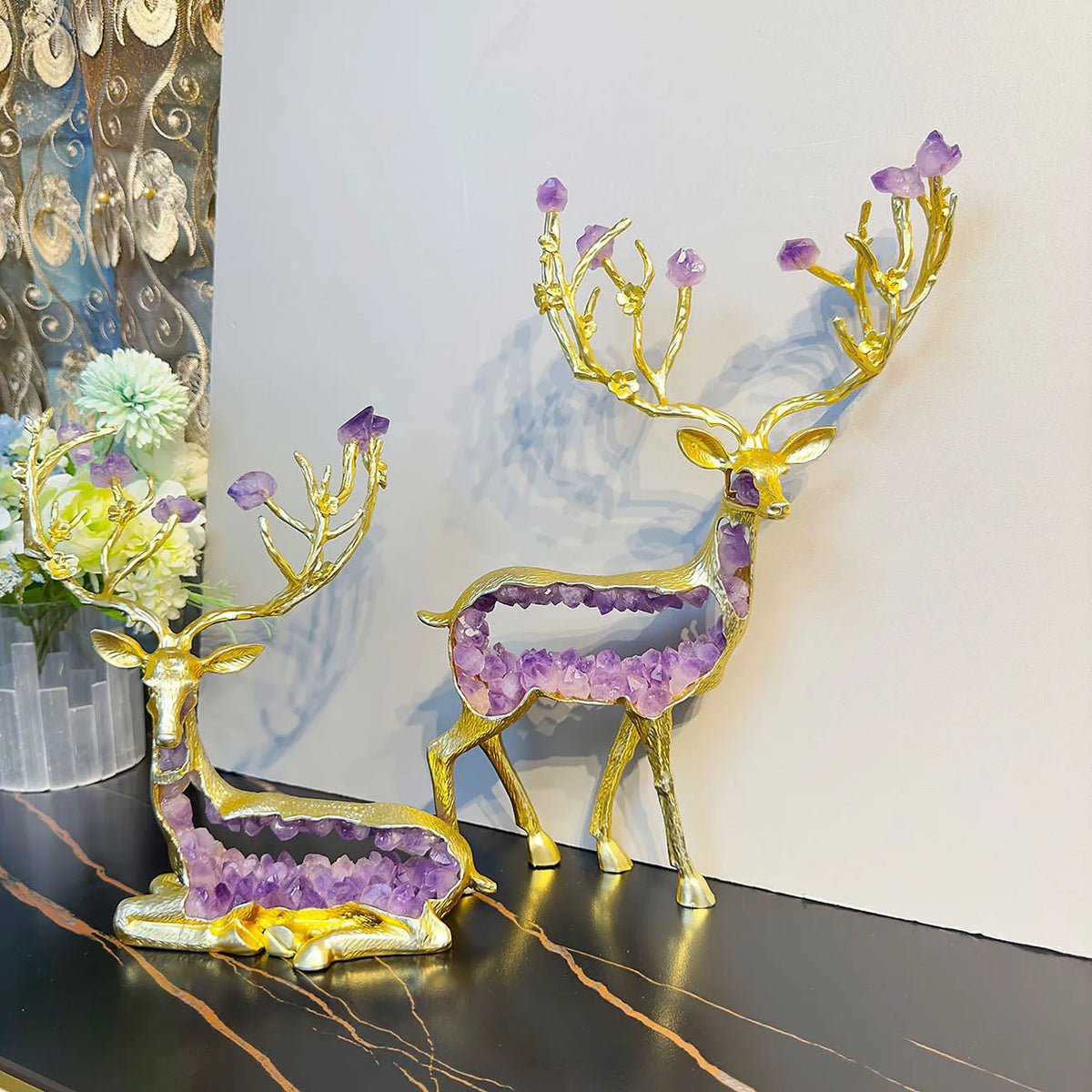 Golden Deer Crystal Figurine and Amethyst Statue