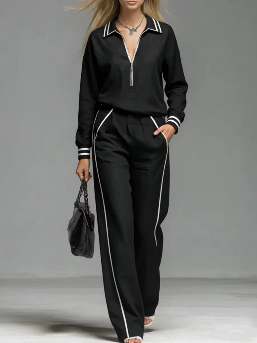 Women's Half Zipper Striped Sweatshirt Wide Leg Pants Set