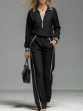 Women's Half Zipper Striped Sweatshirt Wide Leg Pants Set