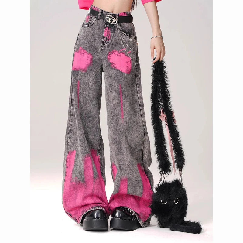 Graffiti Printed Wide Leg Jeans for Women High Waisted Gray