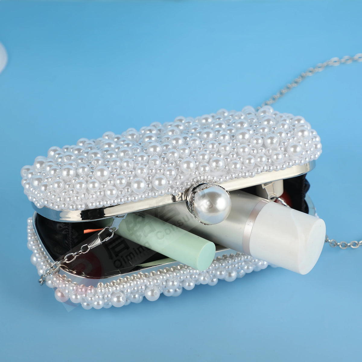 Handmade Beaded Evening Clutch Bag with Artificial Pearls and Chain