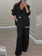 Women's Solid Lapel Blazer Wide Leg Pants Set